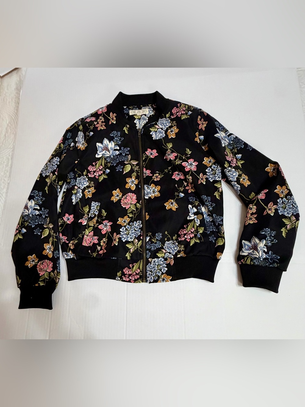 Pink Rose Women’s M Black Floral Bomber Jacket Zip Front Lightweight
